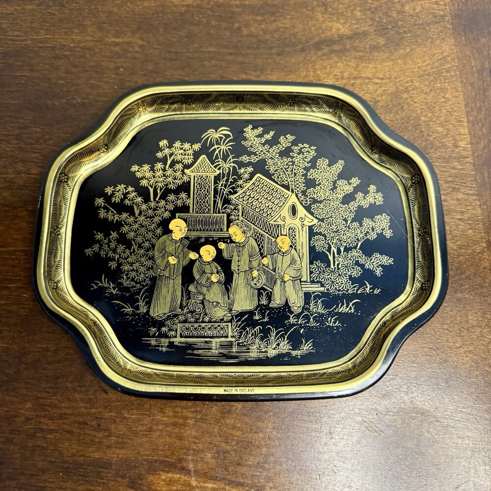 Vintage Elite Metal Chinoiserie Tray Mid Century Gold and Black Asian Inspired